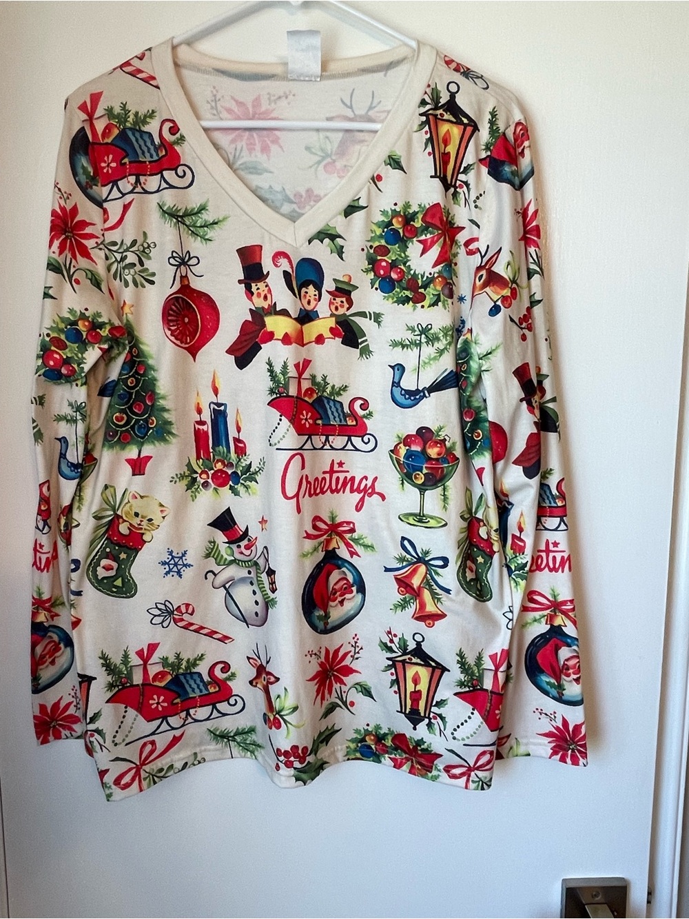 Christmas Cream Vintage Holiday Print Long-Sleeve Top-Great for Parties!